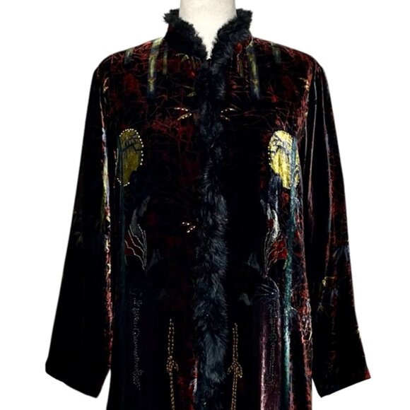 Chico's Vintage 90s Faux Fur Trim Beaded Geisha Silk Velvet Kimono Duster Size M - Picture 3 of 15